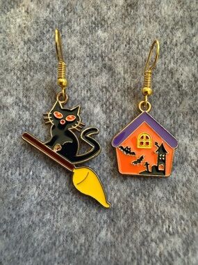 Black Cat lover broomstick witch bat Halloween haunted House fun Dangle Earrings